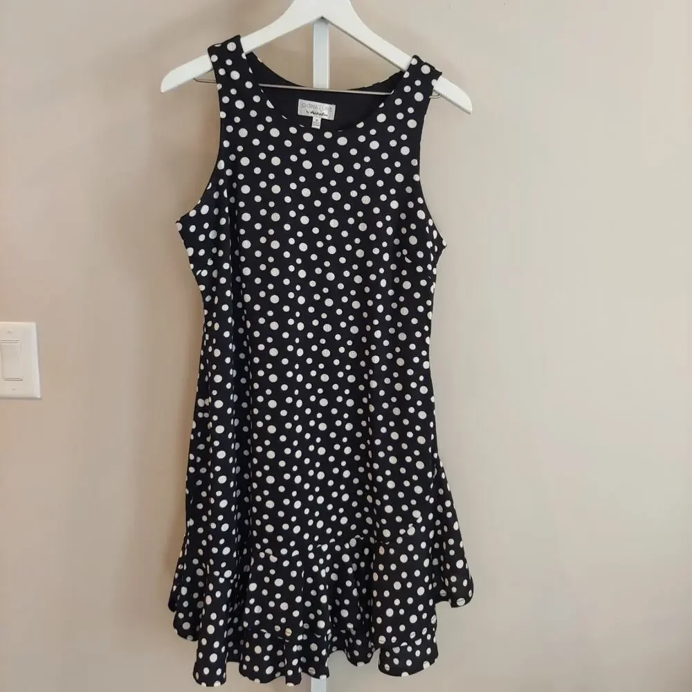 Signature Robbie‎ Bee Dress Medium Black White Polka Dot Sleeveless Ruffle Hem